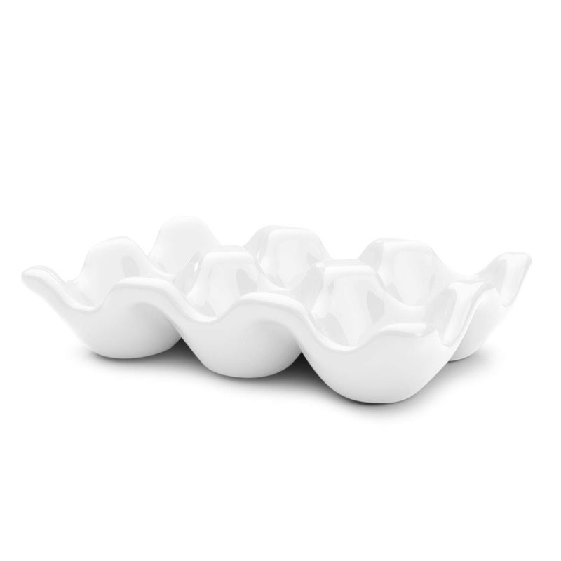 Flexzion Ceramic Egg Holder for Fridge - 6 Cups Egg Tray Half Dozen Porcelain Container Keeper Storage Organizer Decorative Serving Dish Serveware for Refrigerator Countertop Display Kitchen (White) - Image 2